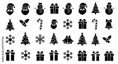 Set of solid black Christmas and winter holiday icons. Graphic design elements including Santa, snowman, and tree symbols