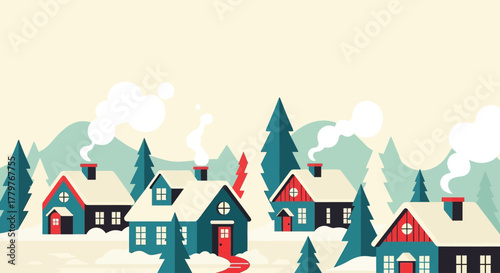 Peaceful winter village scene with charming snow-covered houses and evergreen forest in a flat vector illustration style