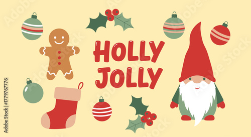Charming collection of Christmas holiday icons featuring a Nordic gnome, gingerbread man, and decorative baubles. A whimsical vector set for seasonal greetings