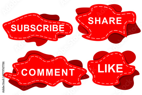 Social Media CTA Button Set Subscribe Share Comment Like Red Fluid Shape Flat Cartoon Vector for YouTube Channel and Content Creator Design
