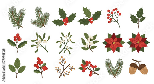 Collection of Christmas and winter holiday outline icons. A set of festive linear symbols for graphic design, including Santa, reindeer, and snowflakes