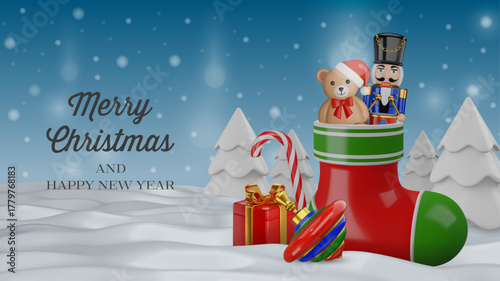 christmas card with 3d santa claus stocking with 3d realistic toys. christmas background with 3d toys and gift boxes on winter landscape.