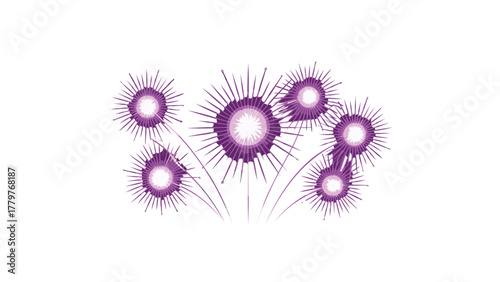 Vibrant purple and white abstract bursts of light resembling fireworks against a clean white background