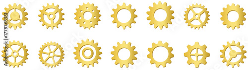 Golden gear wheel and cog wheel set in shiny metallic design. Perfect for machinery, technology, industrial, and engineering concepts. Great for automation. gear, cog, wheel, setting, vector, icon