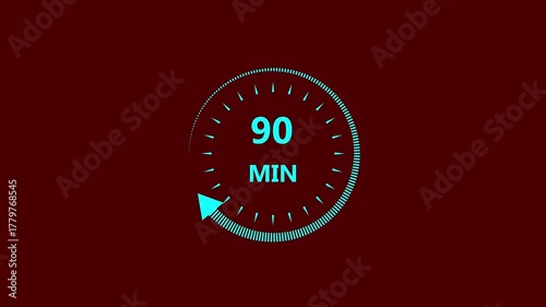 Clock icon 90 minute cyan color animation. Stopwatch in flat style 90 minute on black background.