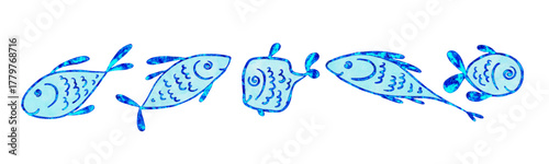 A collection of stylized decorative sea fish. Vector graphics.