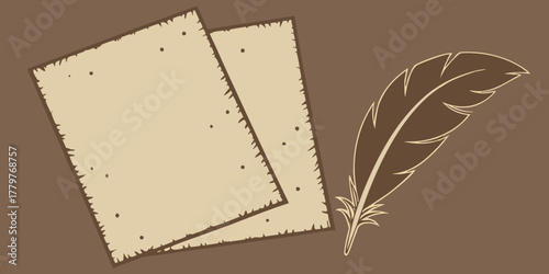 vintage paper parchment with feather quill illustration brown background aged stationery design minimalist retro writing theme