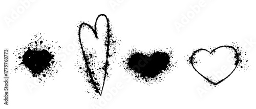A set of decorative abstract heart-shaped shapes with splashes, blots, and drips. Vector graphics.