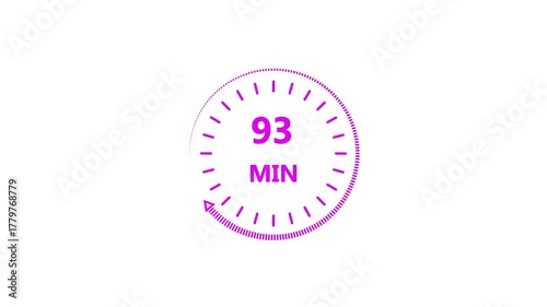 Clock icon 93 minute magenta color animation. Stopwatch in flat style 93 minute on white background.