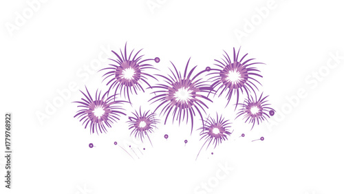 Vibrant purple fireworks explode in a dazzling display against a clean white background for celebrations