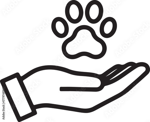 Iconic representation of a hand offering a paw print, symbolizing pet care, adoption, and animal welfare initiatives.
