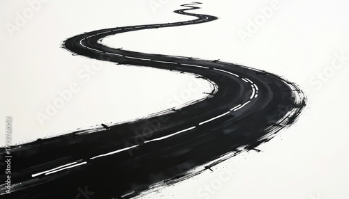 Abstract long winding curvy road, drawn with dynamic black ink brush stroke, extends creatively across clean white background. Minimalistic path with dashed lines visually illustrates life journey,