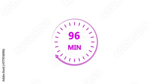 Clock icon 96 minute magenta color animation. Stopwatch in flat style 96 minute on white background.