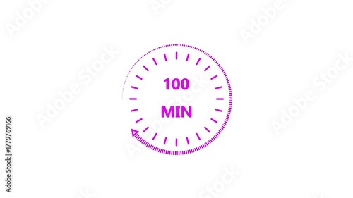 Clock icon 100 minute magenta color animation. Stopwatch in flat style 100 minute on white background.