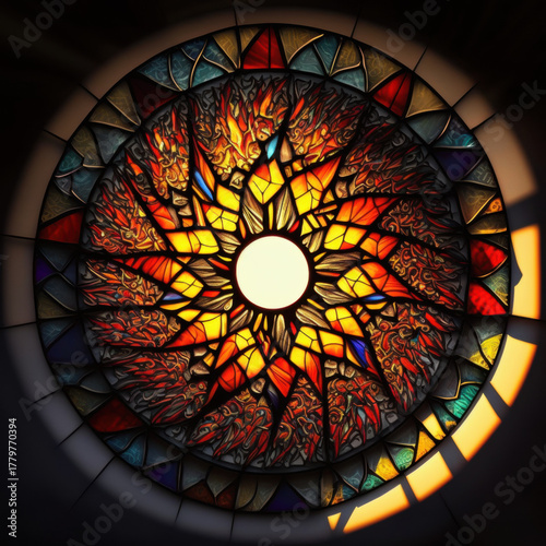 Sunburst rose window — glowing stained-glass rosette, circular