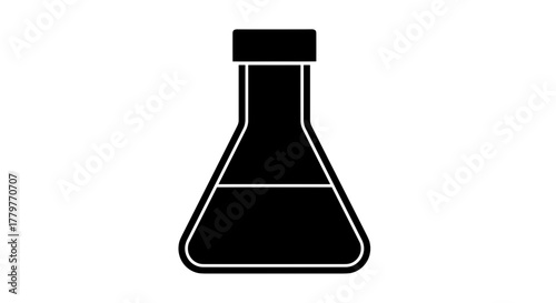 Black silhouette of a laboratory flask with a stopper filled with liquid on a white background representing scientific research and experimentation.