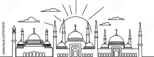 Stylized line art illustration of a grand mosque under a radiant sun and clouds