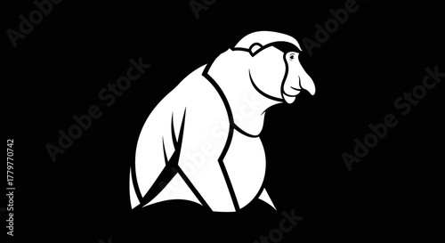 Elegant Proboscis Monkey Silhouette on Black Background.