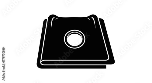 Black and white icon of a squareshaped object with a circular hole in the center resembling a washer or a specialized fastener on a clean white background.