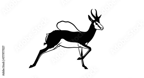 Stylized black and white illustration of a running springbok.