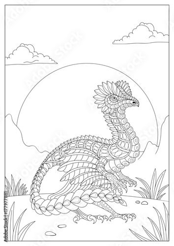 A vector black and white image of a Velociraptor on a desert plateau in doodle style – a vector coloring page for adults and children. On a white background. Hand-drawn in Zentangle style.