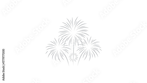 Stylized outline drawing of three bright white fireworks exploding in a dark sky on a festive celebration night