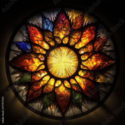 Sunflower sunburst rose window - luminous stained-glass rosette, circular