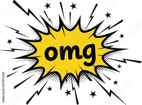 Comic book speech bubble with the word omg in bold black letters and energetic starburst effect