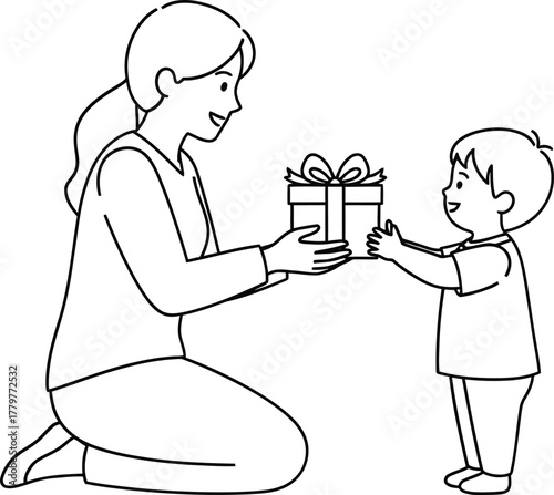Young child happily presents a gift to their mother in a heartwarming illustration