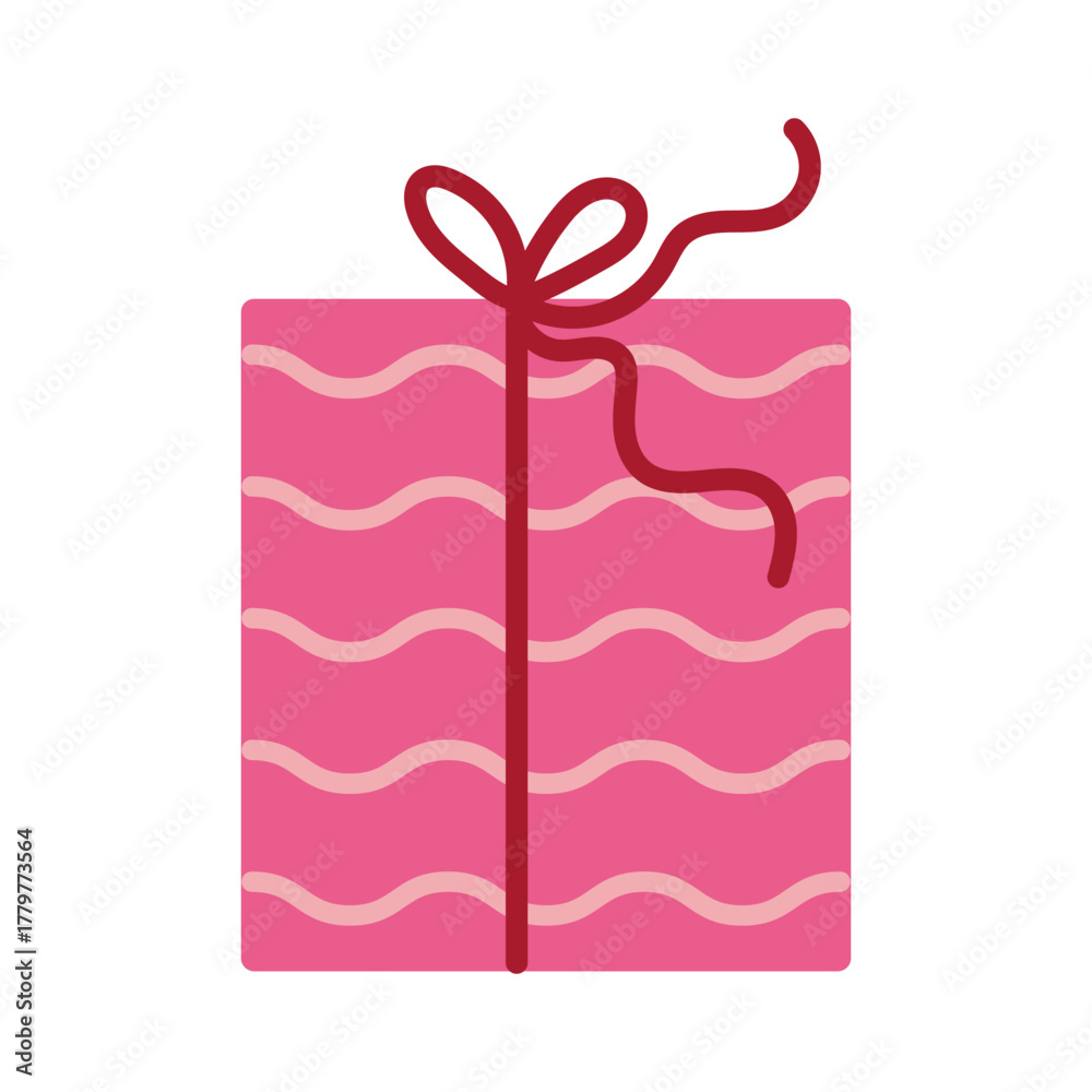 Fototapeta premium Vector cute illustration of pink gift box decorated with wavy stripes, tied with ribbon and bow. Festive present icon for birthdays, holidays, parties, cheerful wrapping, and modern design projects.