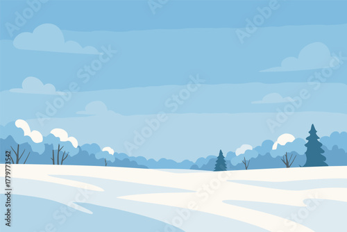 Tranquil winter landscape with snowy fields and pine trees under a clear blue sky