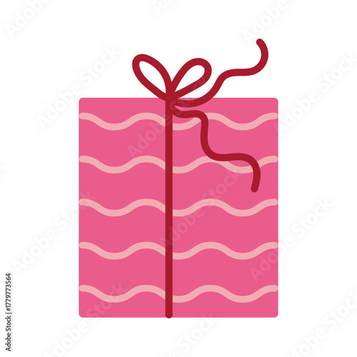 Vector cute illustration of pink gift box decorated with wavy stripes, tied with ribbon and bow. Festive present icon for birthdays, holidays, parties, cheerful wrapping, and modern design projects.