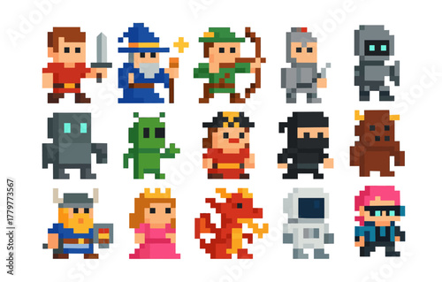 Classic 8-bit pixel art characters for retro gaming designs