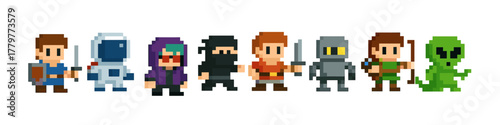 Retro pixel art characters collection featuring adventurers and creatures