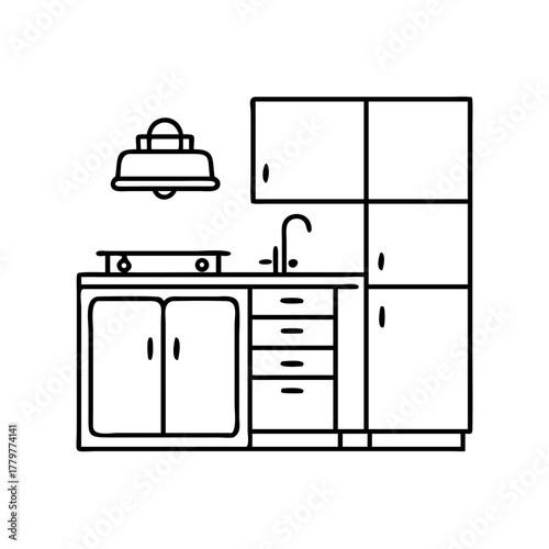 Simple kitchen line art illustration with cabinets, sink, and stove