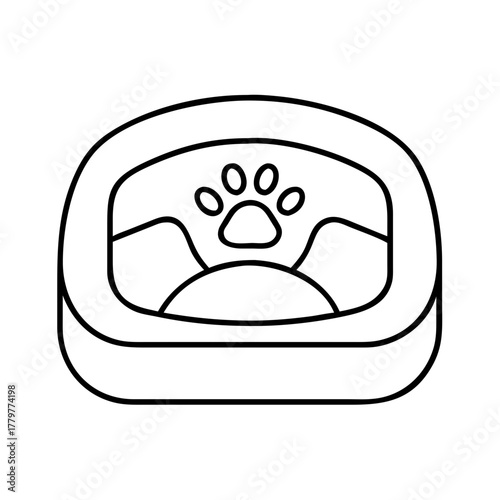 Simple line art illustration of a dog bed with a paw print emblem