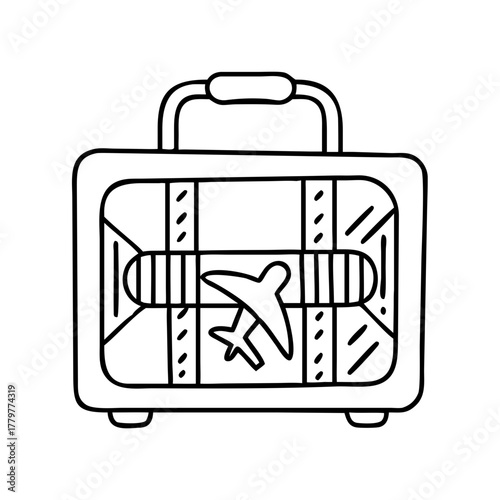 Hand drawn suitcase with airplane symbol inside, symbolizing travel