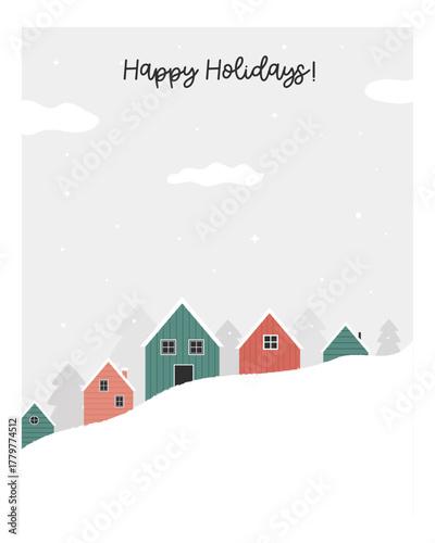 Happy Holidays Winter Village Scene. Cute Minimalist Houses and Pine Trees on Snowy Hill. Simple Christmas Greeting Card Illustration.