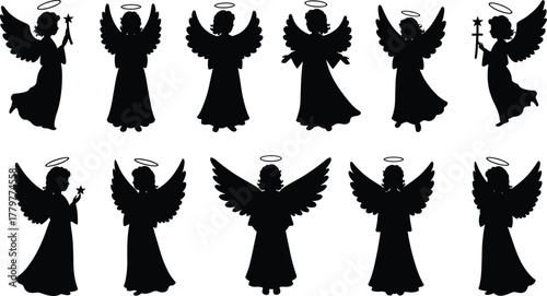 Angel silhouette collection, flying and standing poses, halo and wings design, spiritual figure graphic, black shape illustration, holiday theme element