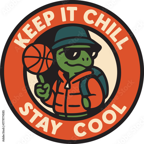 A cool cartoon turtle sporting a hip, vintage look, with sunglasses and a basketball, embodies a laid-back lifestyle, encouraging relaxation. 