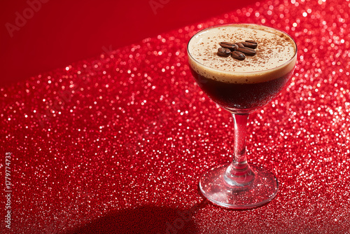 An Espresso Martini on a Red Glitter Background
