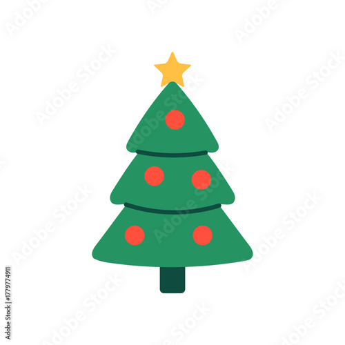 Vector illustration of a cute green Christmas tree with red ornaments and a yellow star on top, isolated on a white background. Classic festive object in flat style.