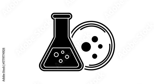 Laboratory flask and petri dish for scientific research and experiments.