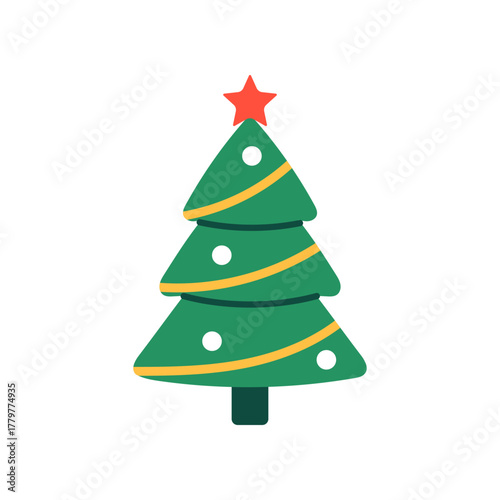 Vector illustration of a green Christmas tree with yellow garlands, white ornaments, and a red star on top, isolated on a white background. Festive holiday element in flat style.