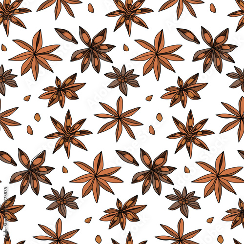 Seamless pattern with filigree anise stars and spice seeds on a white background