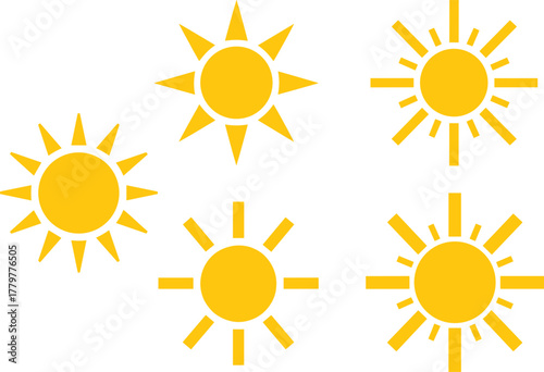 Stylized sun icon collection, yellow sun shapes, graphic design elements, solar symbol variations, vector illustration, isolated style, summer theme, abstract rays