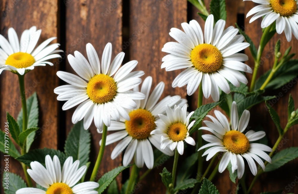Obraz premium White daisies with yellow centers blooming against a wooden fence background