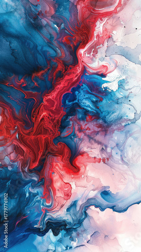 Dynamic abstract blend of blue and red ink clouds merging together with soft, intricate swirls and gradients