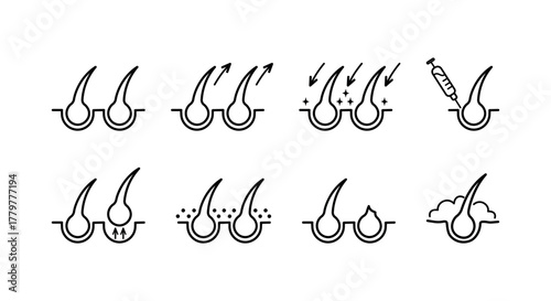 Treatment and problems with hair. A set of hair icons. Hair loss, sectioning, strengthening, nutrition and various hair care.