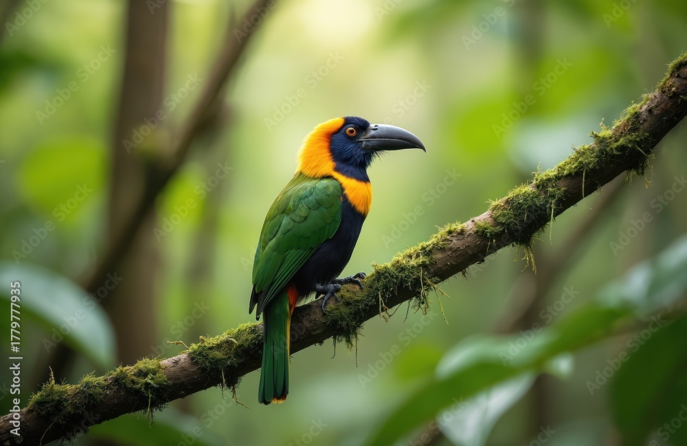 Obraz premium Collared aracari bird perches on mossy branch in lush jungle. Bright green plumage contrasts with orange neck and blue face markings. Wildlife creature in natural habitat, Costa Rica rain forest.